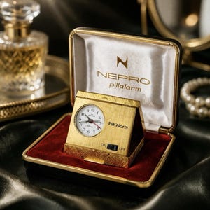 Può includere: Un orologio da viaggio Nepro PillAlarm color oro con quadrante circolare bianco, numeri neri e lancetta dei secondi rossa. L'orologio è dotato di un interruttore on-off ed è contenuto in una custodia nera con rivestimento in raso bianco e base in velluto rosso.