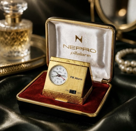 Rare NEPRO Pillalarm Swiss Mini Alarm Clock Gold Travel Original