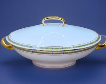 Antique Limoges Soup Tureen Covered Serving Dish Bowl Green Gold Trim Vegetable