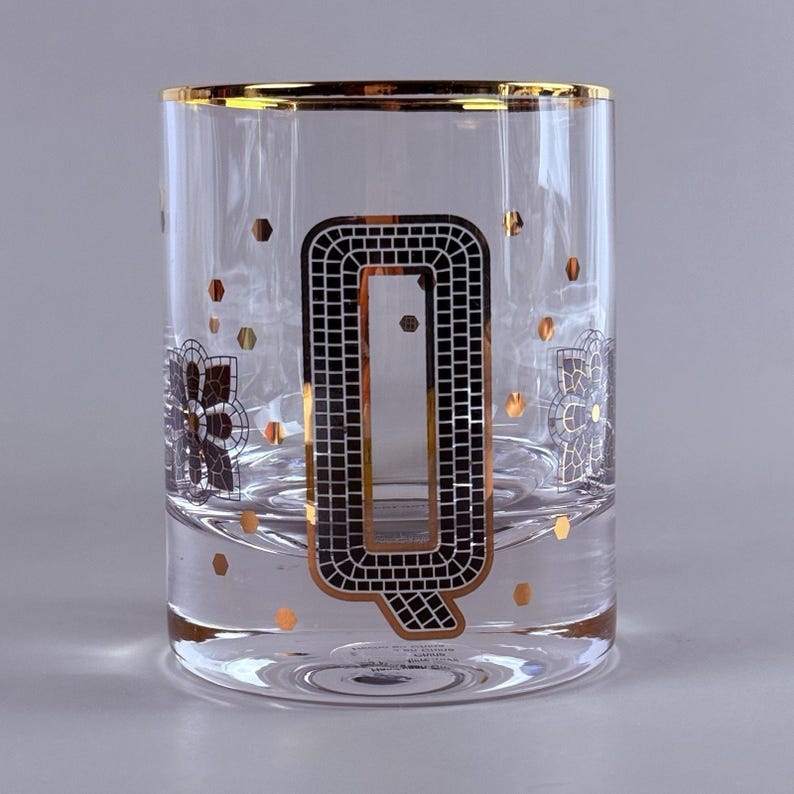ANTHROPOLOGIE The Bistro Tile Monogram "Q" Old Fashioned Glass 24k Gold Rim NEW image 2