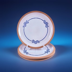 Pode incluir: Um conjunto de pratos de cerâmica branca com um desenho floral azul e uma borda castanha. Os pratos estão empilhados, com alguns visíveis. O fundo é azul.
