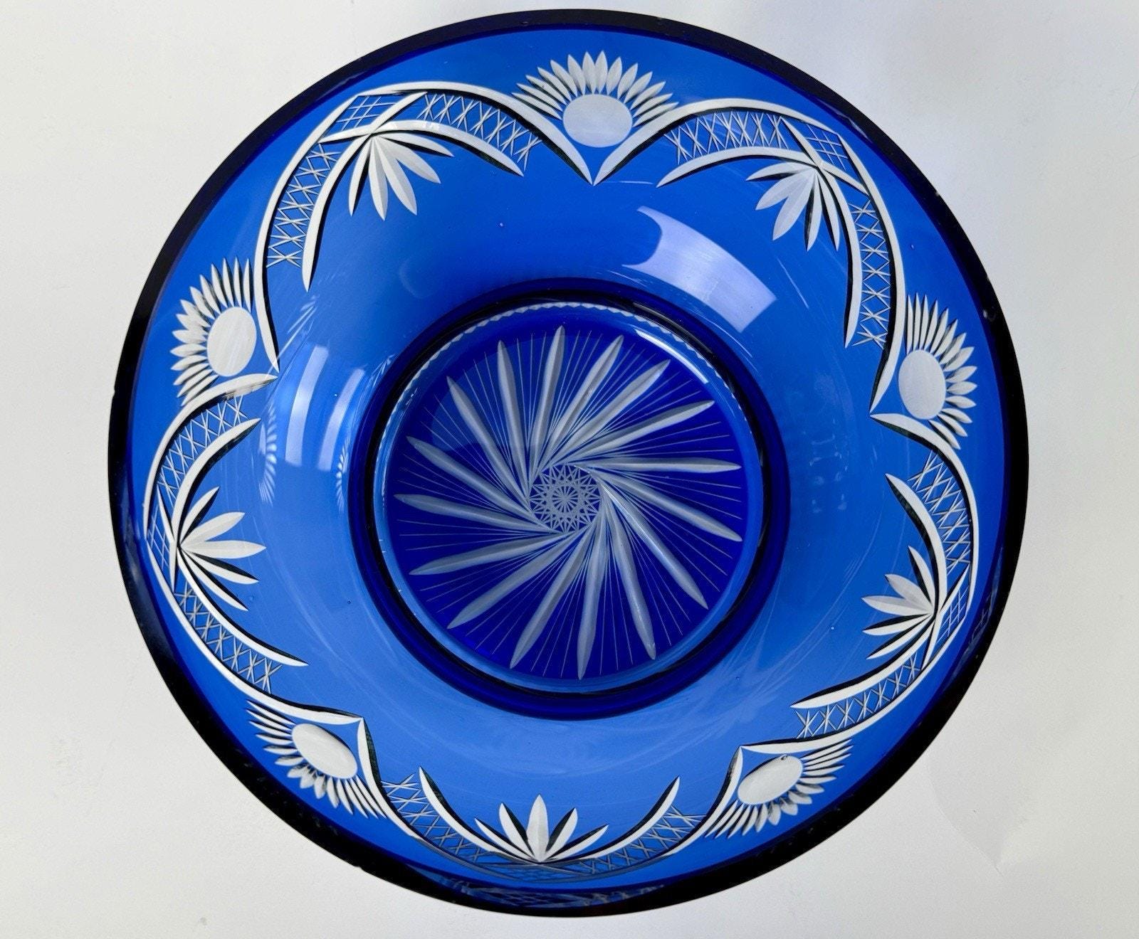 Cobalt Blue Cut to Clear Crystal Pedestal Bowl Bohemian Czech 8