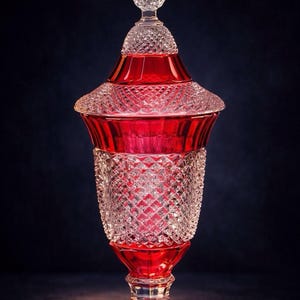 May include: A decorative, clear glass jar with a red interior and lid. The jar features a diamond-cut pattern on the body and a clear, textured finial on top. The base is square and clear, with a red accent.