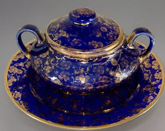 Juego de 8 piezas de azucarero y platos Royal Underglaze vintage auténtico, azul cobalto y dorado.