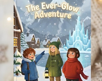 Może przedstawiać: Okładka książki dla dzieci zatytułowanej "The Ever-Glow Adventure" przedstawia zimową scenę z trzema postaciami z kreskówek. Grafika na okładce przedstawia zaśnieżony krajobraz, domy i zamek. Książka jest spersonalizowaną bajką na dobranoc autorstwa Sheikha Linta.