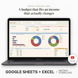 May include: A laptop screen displaying a digital budget spreadsheet titled Flexi Budget. The interface includes a bar chart, two pie charts, and tables for cash flow and key metrics. Text at the top reads Digital Haven by Linta and A budget that fits an income that actually changes. Below the laptop, text reads Google Sheets + Excel Instant Download.