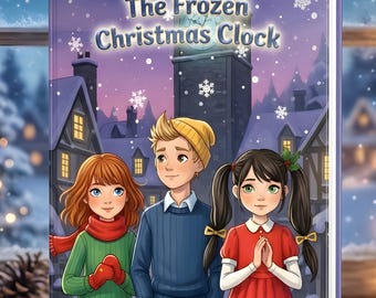 Könnte beinhalten: Ein Kinderbuch mit dem Titel "The Frozen Christmas Clock" mit einer Illustration einer Winterszene. Das Cover zeigt drei Kinder in Winterkleidung, einen Uhrturm und Schneeflocken. Es ist ein personalisiertes Gute-Nacht-Geschichtenbuch.
