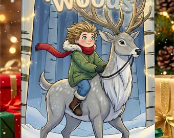 Könnte beinhalten: Das Kinderbuchcover „Whisper Woods“ zeigt eine Cartoon-Illustration eines Kindes, das auf einem Hirsch durch einen verschneiten Wald reitet. Das Kind trägt eine grüne Jacke und einen roten Schal. Das Buch ist eine personalisierte Gute-Nacht-Geschichte.