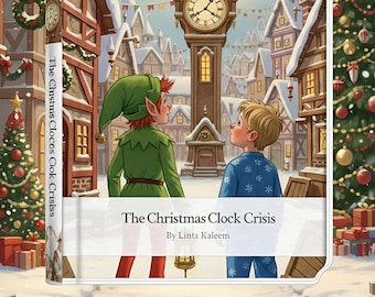 Może przedstawiać: Ilustracja okładki książki "The Christmas Clock Crisis". Dwóch chłopców na ośnieżonym placu miejskim, jeden w stroju elfa, drugi w niebieskiej piżamie. Duża wieża zegarowa i choinka w tle.