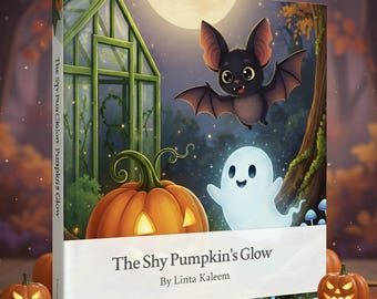 May include: A children's book titled "The Shy Pumpkin's Glow" by Linta Kaleem. The cover features a cartoon bat, ghost, and pumpkin under a full moon. The book has a green greenhouse and autumn leaves in the background. Small carved pumpkins are on the table.