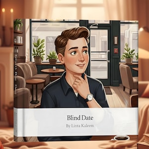 May include: A book cover featuring an illustration of a person in a cafe setting. The book title is "Blind Date" by Linta Kaleem. The person in the illustration is wearing a dark blue shirt and a watch. The background shows a cafe interior.
