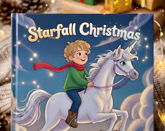 Könnte beinhalten: Das Kinderbuch "Starfall Christmas" zeigt einen Jungen auf einem weißen Einhorn. Der Text auf dem Cover lautet "A Personalized bedtime storybook By Linta kaleem". Geschenke und Tannenzapfen sind im Hintergrund.