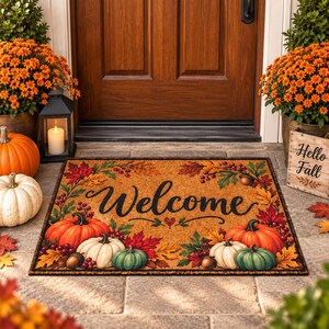 May include: A rectangular coir doormat featuring the word Welcome in black script, surrounded by a colorful autumn border of orange, white, and green pumpkins, red berries, acorns, and vibrant fall leaves in shades of yellow, red, and brown.