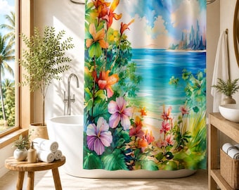 Tropical Floral Beach Shower Curtain, Watercolor Coastal Bathroom Decor