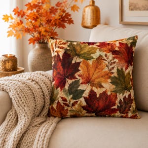 Watercolor Maple Leaf Pillow Cover, Autumn Leaves Cushion, Rustic Farmhouse Decor