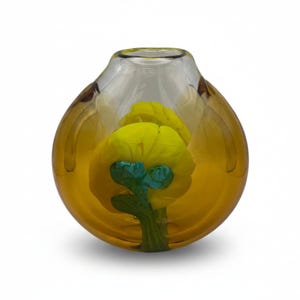 Moser Karlsbad Vase Jiri Suhajek Kunstglas Gelb Tuerkis Vintage 1970 Bohemia