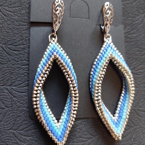Blue Rhombus Beaded Earrings, Sterling Silver Hooks, Geometric Dangle