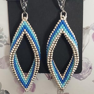 Blue Rhombus Beaded Earrings, Sterling Silver Hooks, Geometric Dangle