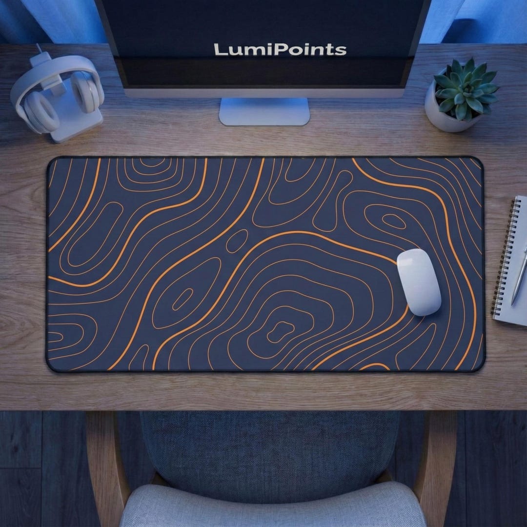 Blueprint Table Mat Navy Blue and Orange Topographic Desk Mat, Blueprint Style Mousepad ...