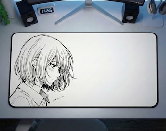 Anime girl mouse pad, minimalist manga desk mat, black and white aesthetic gaming pad, XL Otaku desk decor, Japanese sketch art gift