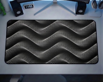 Abstract Geometric Desk Mat, Optical Illusion Mousepad, 3D Wave Pattern, Black and White Modern Office Decor, Trippy XL Gaming Pad