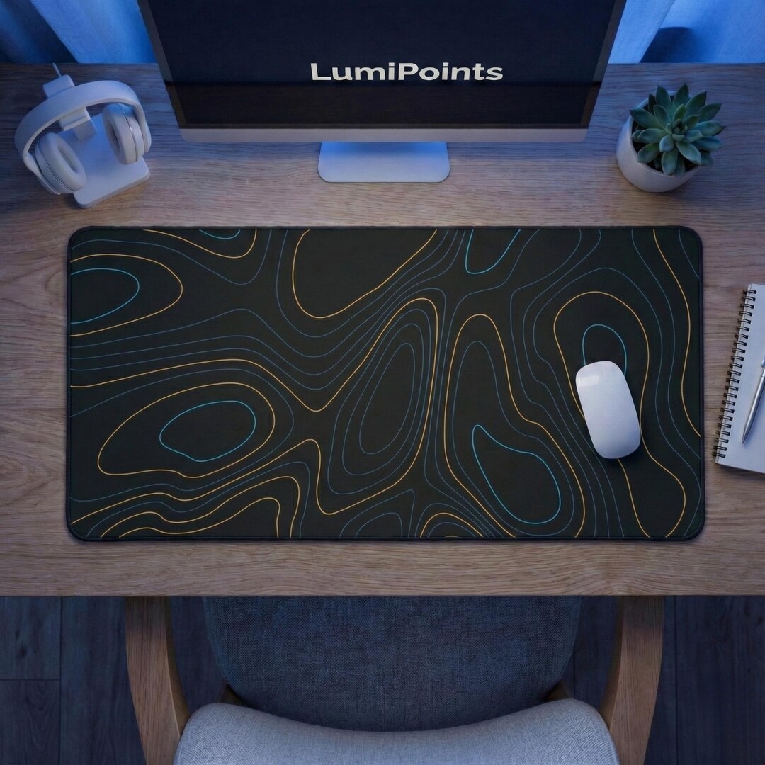 Topographic Desk Mat, Gaming Desk Mat, Black XL Mousepad, Blue Orange ...