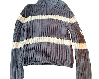 Vintage Tommy Hilfiger Pullover aus dem Jahr 2003, marineblau-cremefarben, grob gerippt, Stehkragen, Größe L