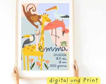 Personalisiertes Geburtsposter Dschungel mit Name | Safari Baby Poster mit Geburtsdaten | Geschenk Geburt | Digital Download oder Druck