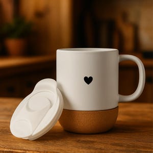 K&ouml;nnte beinhalten: Wei&szlig;er Keramikbecher mit schwarzem Herzdesign und Korkboden. Der Becher hat einen wei&szlig;en Deckel und einen gebogenen Griff. Der Becher steht auf einer Holzoberfl&auml;che.