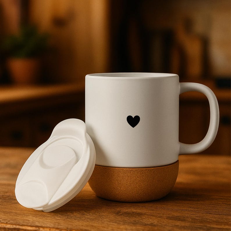 K&ouml;nnte beinhalten: Wei&szlig;er Keramikbecher mit schwarzem Herzdesign und Korkboden. Der Becher hat einen wei&szlig;en Deckel und einen gebogenen Griff. Der Becher steht auf einer Holzoberfl&auml;che.