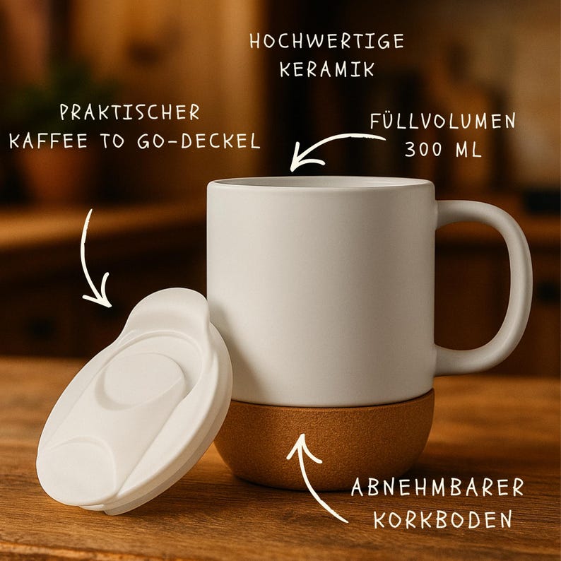 K&ouml;nnte beinhalten: Eine wei&szlig;e Keramik-Tasse mit einem braunen Korkboden und einem wei&szlig;en Deckel. Die Tasse hat einen Henkel und der Deckel liegt daneben. Das Fassungsverm&ouml;gen der Tasse betr&auml;gt 300 ml. Der Text auf dem Bild lautet "PRACTISCHER KAFFEE TO GO-DECKEL", "HOCHWERTIGE KERAMIK", "F&Uuml;LLVOLUMEN 300 ML" und "ABNEHMABER KORKBODEN".