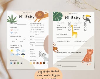 Könnte beinhalten: Zwei druckbare Baby-Orakel-Karten mit Safari-Thema. Die Karten zeigen Illustrationen eines Löwen, Tukan, Giraffe, Zebra, Affen und Tigers. Der Text enthält "Hi Baby" und Aufforderungen für Vorhersagen über das Baby.