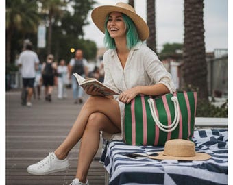 Green and Pink Striped Weekender Bag | Travel Holiday Tote