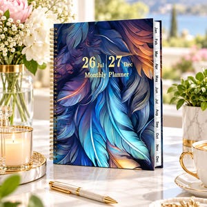 May include: A spiral-bound monthly planner featuring a vibrant feather pattern in shades of blue, purple, and orange. The cover displays the text 26 Jul 27 Dec Monthly Planner. The planner includes white monthly tab dividers labelled Jan through Dec.