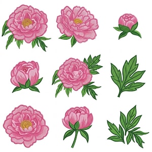 May include: A collection of embroidered peony designs featuring various stages of bloom, including fully opened flowers with yellow centers, tight buds, and detailed green leaves, all rendered in shades of pink and vibrant green thread.
