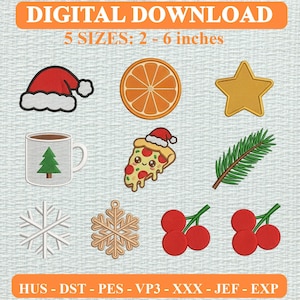 Könnte beinhalten: Ein digitales Stickmuster-Set zum Herunterladen mit neun Symbolen: eine rote Weihnachtsmütze, eine Orangenscheibe, ein gelber Stern, eine Tasse mit Baum, ein Pizzastück mit Weihnachtsmütze, ein Tannenzweig, zwei Schneeflocken und zwei Paare roter Kirschen.
