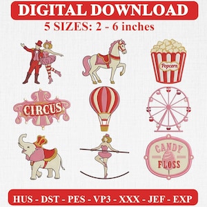 May include: A digital download embroidery design set featuring nine circus-themed illustrations including a performer pair, a horse, popcorn, a circus sign, a hot air balloon, a ferris wheel, an elephant, a tightrope walker, and a candy floss sign.