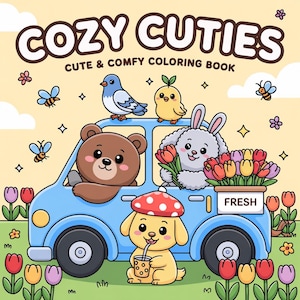 Peut inclure: Couverture de livre de coloriage pour enfants "Cozy Cuties". Une voiture bleue transporte un ours, un lapin et des fleurs. Un chiot avec un chapeau champignon boit dans une tasse. Des abeilles et des oiseaux entourent la voiture. Le livre est intitulé "Cute & Comfy Coloring Book".