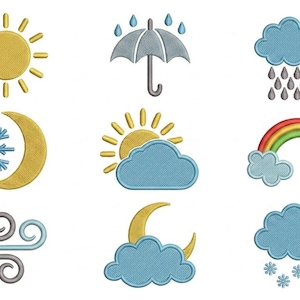 Op de afbeelding: Een verzameling van negen geborduurde weericonen met een gele zon, een grijze paraplu met blauwe regendruppels, een blauwe regenwolk, een blauwe sneeuwvlok met een gele maansikkel, een zon achter een blauwe wolk, een regenboog, wind, een maan met een wolk en een sneeuwwolk.