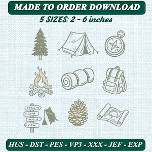 Bundel met borduurpictogrammen voor kamperen, ontwerpen voor buitenactiviteiten en wandelen in de natuur (digitale download)