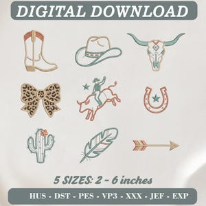 Western Embroidery Icons Bundle, Rodeo Cowgirl, Kaktus, Fjäder (Digital Nedladdning)