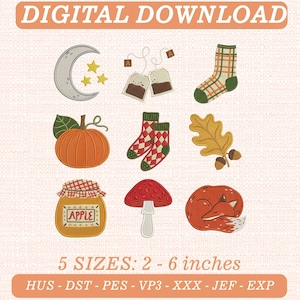 May include: A digital download embroidery design set featuring nine icons: a crescent moon with stars, two tea bags, a plaid sock, an orange pumpkin, two diamond-patterned socks, an oak leaf with acorns, a jar labeled APPLE, a mushroom, and a fox.