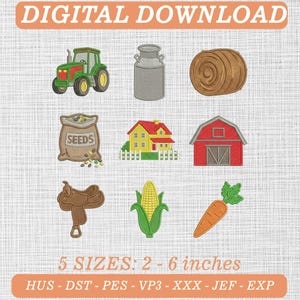 Op de afbeelding: Een digitale borduurontwerpset met negen iconen met boerderijthema: een groene tractor, een grijze melkbus, een bruine hooibaal, een zak met het opschrift SEEDS, een geel huis, een rode schuur, een bruin zadel, een gele maïskolf en een oranje wortel.