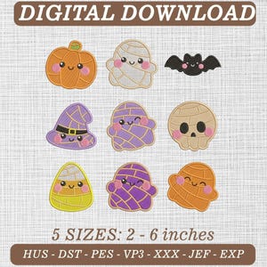 May include: A digital download embroidery design set featuring nine Halloween-themed icons including a pumpkin, ghosts, a bat, a witch hat, and a skull. The text reads DIGITAL DOWNLOAD, 5 SIZES: 2 - 6 inches, and HUS - DST - PES - VP3 - XXX - JEF - EXP.