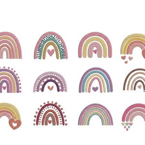 Op de afbeelding: Een verzameling van twaalf verschillende regenboogillustraties gerangschikt in een raster. Elke regenboog heeft gevarieerde kleurenpaletten, waaronder roze, geel, paars, blauw en aardetinten, met decoratieve elementen zoals kleine hartjes, blaadjes en regendruppels.