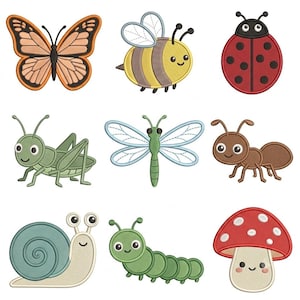 May include: A collection of nine embroidered patches featuring a butterfly, a bee, a ladybug, a grasshopper, a dragonfly, an ant, a snail, a caterpillar, and a mushroom, all designed with cartoon-style faces and vibrant colors.