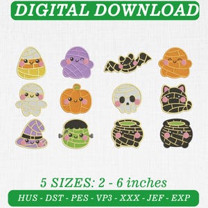 May include: A digital download embroidery design set featuring twelve cute Halloween-themed characters including mummies, a bat, a pumpkin, a skull, a cat, a witch hat, a monster, and cauldrons. Text reads: DIGITAL DOWNLOAD, 5 SIZES: 2 - 6 inches, HUS - DST - PES - VP3 - XXX - JEF - EXP.