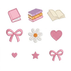 May include: A collection of nine embroidered patches featuring a pink book, a stack of three books in purple, orange, and pink, an open book, a pink bow, a white daisy with a yellow center, a pink heart, a small pink heart, a pink star, and a pink bow.