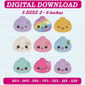 Op de afbeelding: Een digitale download borduurontwerpset met negen schattige knoedelkarakters met verschillende kleuren en gezichtsuitdrukkingen. De tekst bevat DIGITAL DOWNLOAD, 5 SIZES: 2 - 6 inches en de bestandsformaten HUS, DST, PES, VP3, XXX, JEF, EXP.