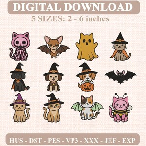Könnte beinhalten: Ein digitales Download-Set mit zwölf Halloween-Stickmustern, die Katzen, Hunde, Fledermäuse und ein Gespenst zeigen. Der Text lautet DIGITAL DOWNLOAD 5 SIZES: 5 - 15 cm und HUS - DST - PES - VP3 - XXX - JEF - EXP. Die Motive zeigen Tiere in Kostümen.